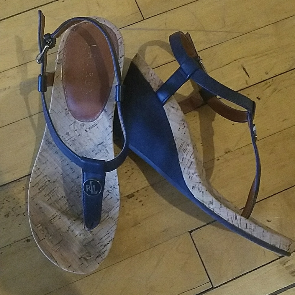 Ralph Lauren T Strap Thong Navy Wedge Sandal